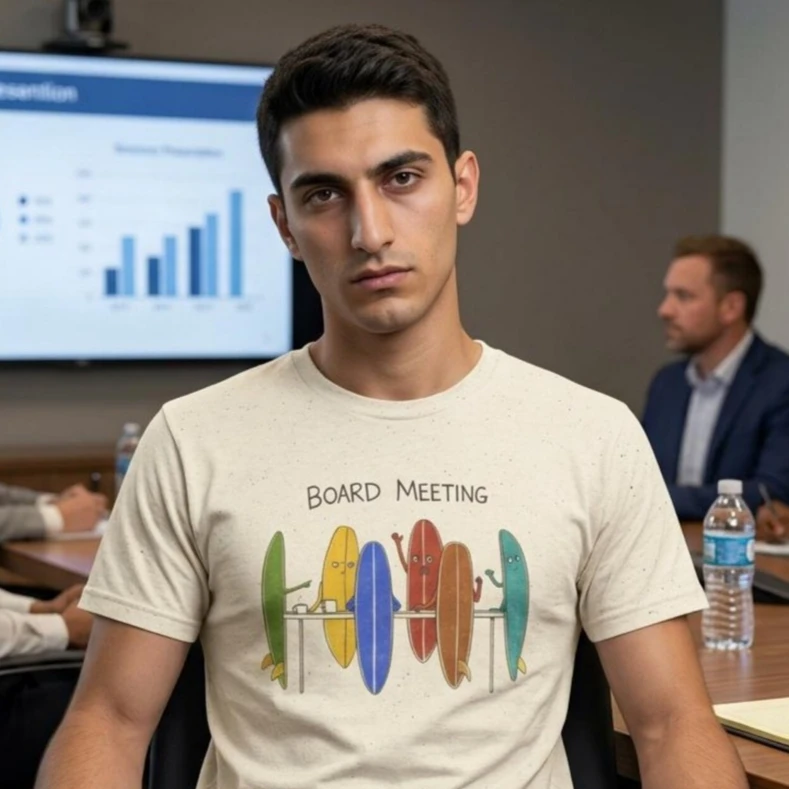 Board Meeting Surfboards T-Shirt Surfing Humor Tees Summer Beach Vacation Tops Leisure and Fashionable Beach Holiday Clothes