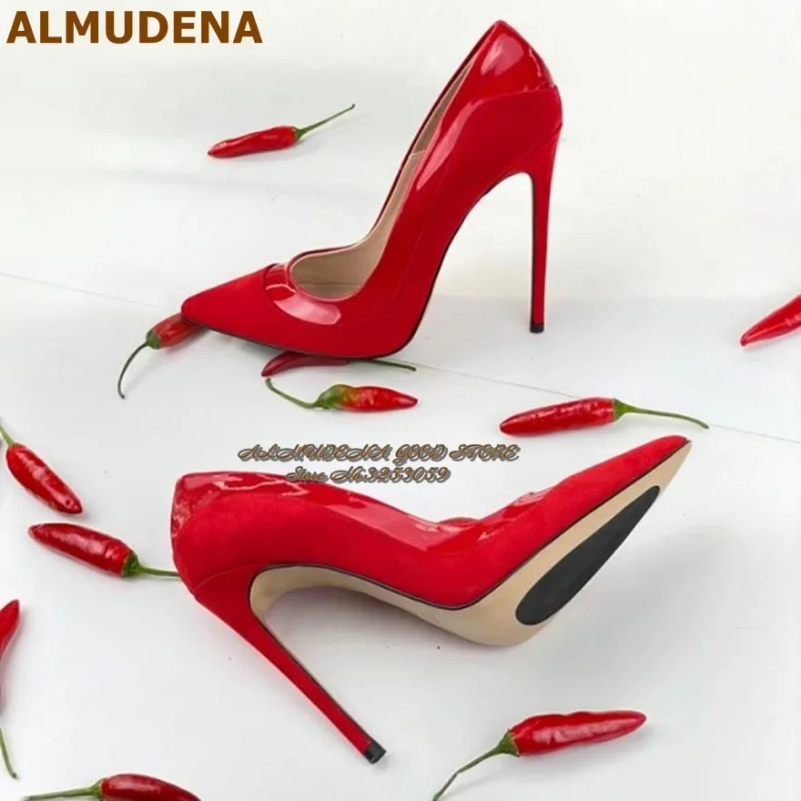 ALMUDENA sepatu pernikahan tambal sulam Suede kulit paten hitam merah panas 12Cm 10Cm 8Cm sepatu hak tinggi tipis ujung runcing