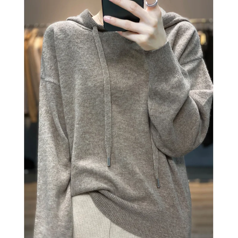 Autumn Winter Hooded Cashmere Sweater Female Pullover Loose 100% Pure Wool Hoodie Languid Lazy Wind Knitting Base Hoodie