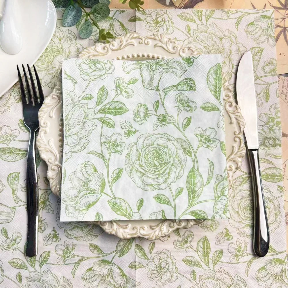 20pc/pac Vintage Rose Elegant Printed Napkins Green Fresh Table Mats Tissue  Party Decoration Paper Napkins Kitchen Supplies