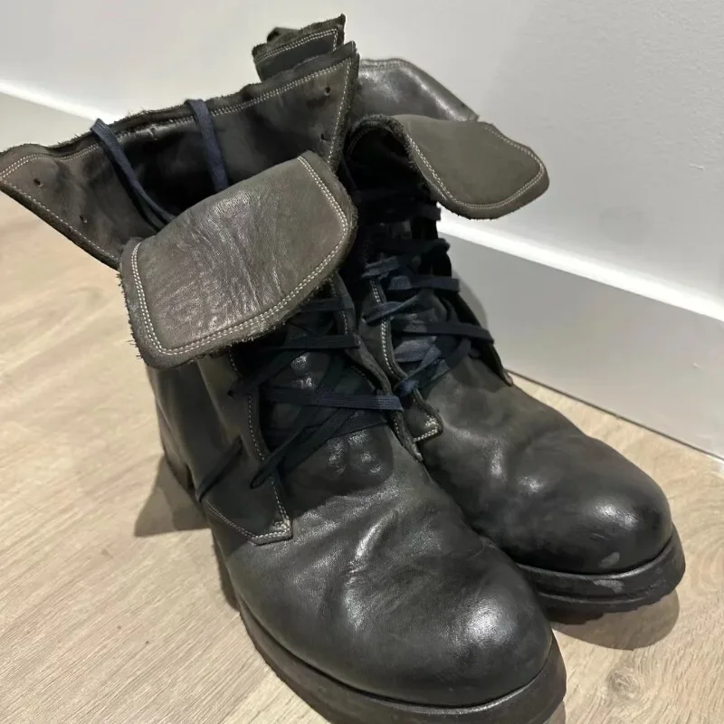 Black Leather Cross Strap Punk Ankle Boots for Men, Round Toe Lace-Up Short Biker Boots, Luxury Designer Handcrafted Men's Boots