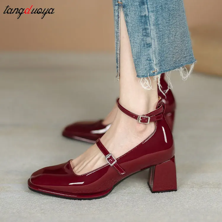 Women heels Shoes Mary Jane Shoes Woman Pumps Patent Leather High Heels Dress Shoes Red Wedding Shoes Spring 2025 Double Buckle