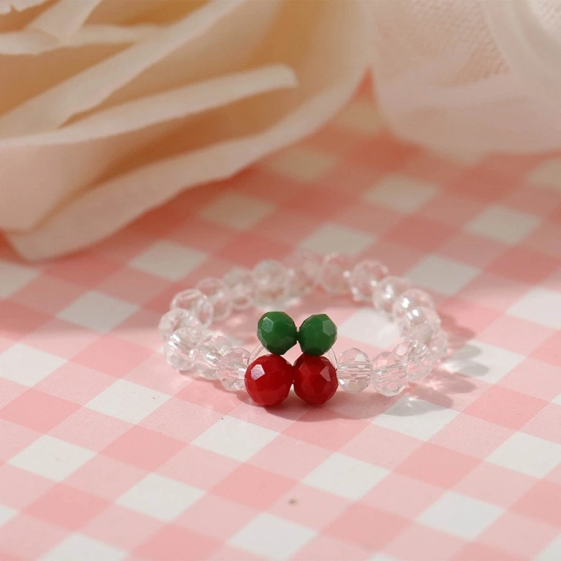 Elastic Red Cherry Rings Stretchable Cherry Beaded Rings Comfortable Wear Party Acrylic Finger Rings Women