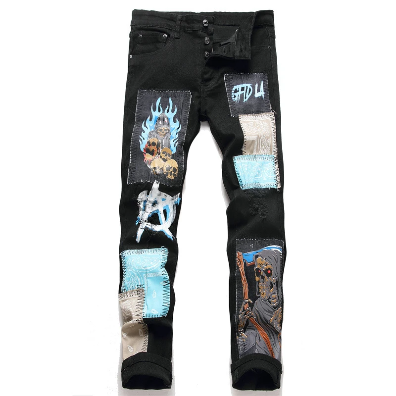 

New Autumn Punk Style Men's Black Jeans Fashion Patchwork Mid-Waist Slim Pants Stretch Motorcycle Hip Hop Clothing