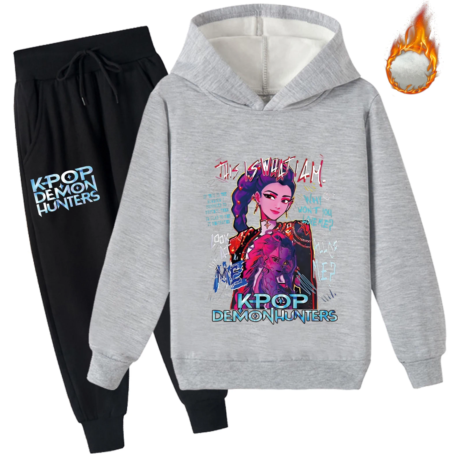 Felpe con cappuccio calde unisex per bambini Kpop Demon Hunters con pantaloni da jogging Set da 2 pezzi, felpa invernale a maniche lunghe per 2-14 anni