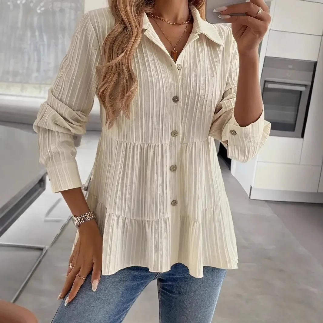 

2025 New Fashion Ruffle Button-down Shirt Women Autumn Casual Loose Solid Color Embossed Home Lapel Top For Women