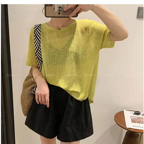 الاتجاه الصلبة س الرقبة الجوف الحرير الجليد محبوك تي شيرت موضة قصيرة الأكمام بلوزات الصيف المحاصيل القمم الحلو ملابس حريمي غير رسمية Z229