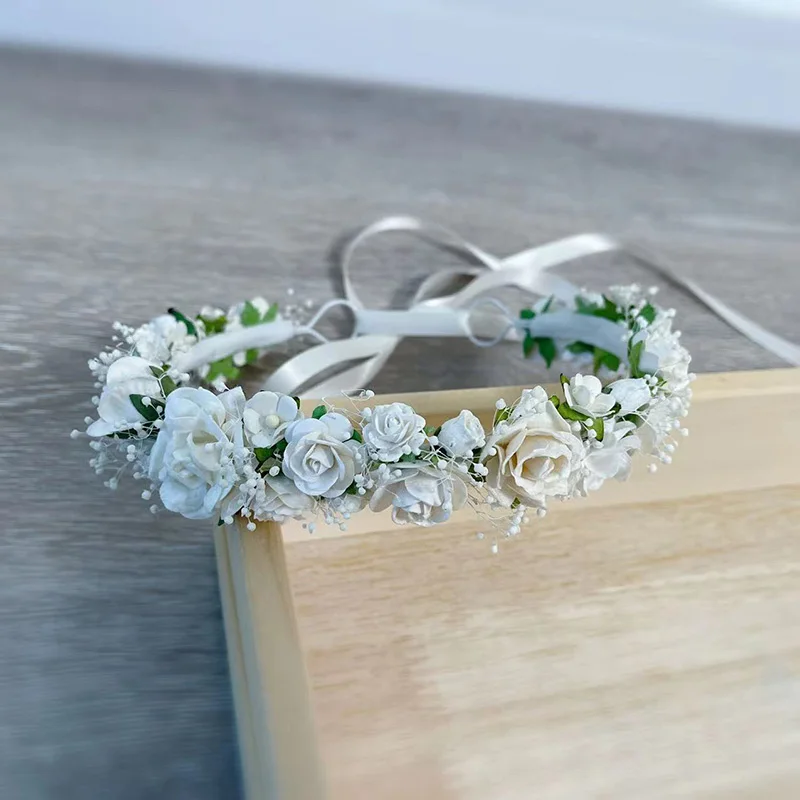 Dried Baby's Breath White flower girl crown Communion flower wreath Baby Headband Wedding Bridal hair accessories