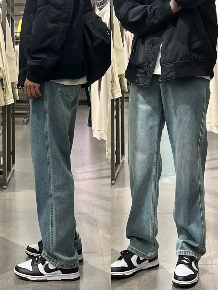 

Светло-голубые мужские джинсы свободного прямого кроя со средней посадкой, на молнии, в классическом американском ретро-стиле, повседневные, прямого кроя