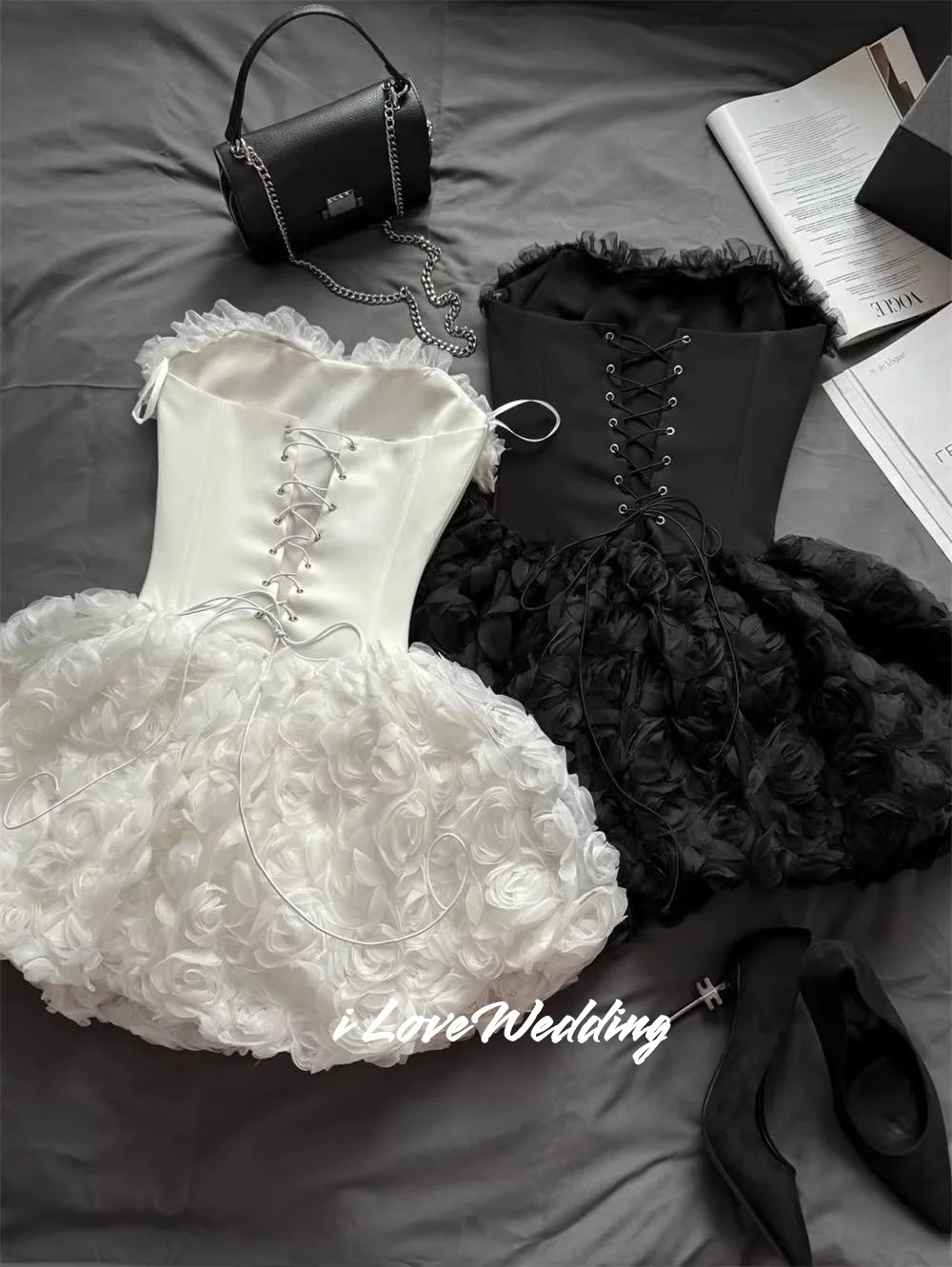 Blanc chérie Mini jupe courte 3D fleur sans manches robe de retour robe de fête d'anniversaire douce soirée formelle plissée personnalisée