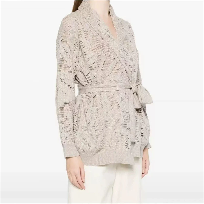 High-Quality Autumn New Vintage Matte Sequin Knitted Cardigan Women's Fashion Casual Loose Linen Blend Belted Knitwear