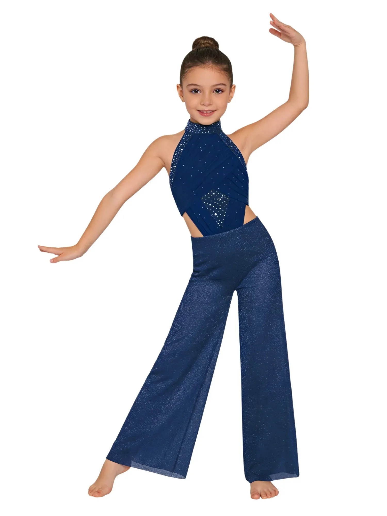 Meisjes moderne lyrische dansvoorstelling jumpsuit glanzende mesh strass steentjes latin schaatsen gymnastiek acrobatiek bodysuit danskleding - afbeelding 2