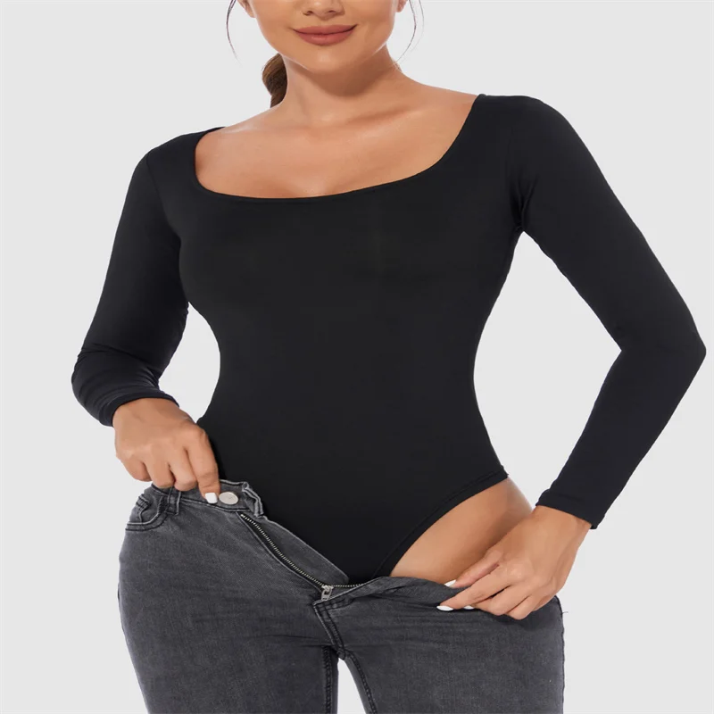 Jumpsuit Long Sleeve Women's Shaping Streetwear Tight Square Neck Crotch Protector Basic Black Sport Fit Shapewear