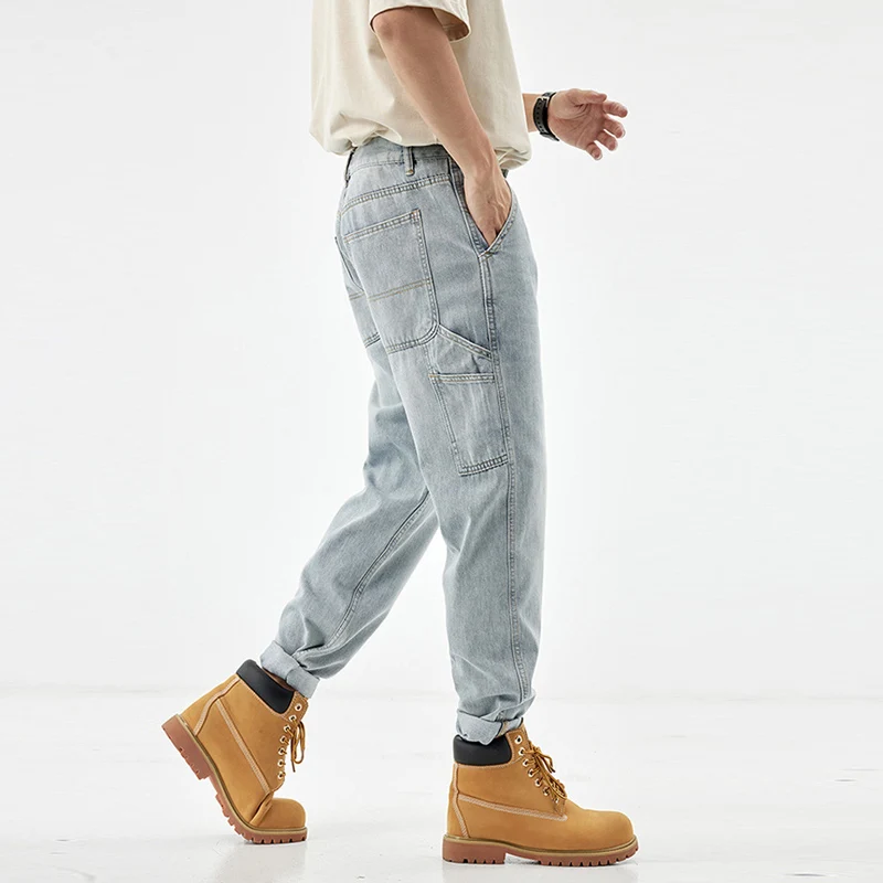 Street Fashion Men Jeans Retro Light Blue Loose Fit Multi Pockets Casual Denim Cargo Pants Hombre Hip Hop Straight Jeans Men