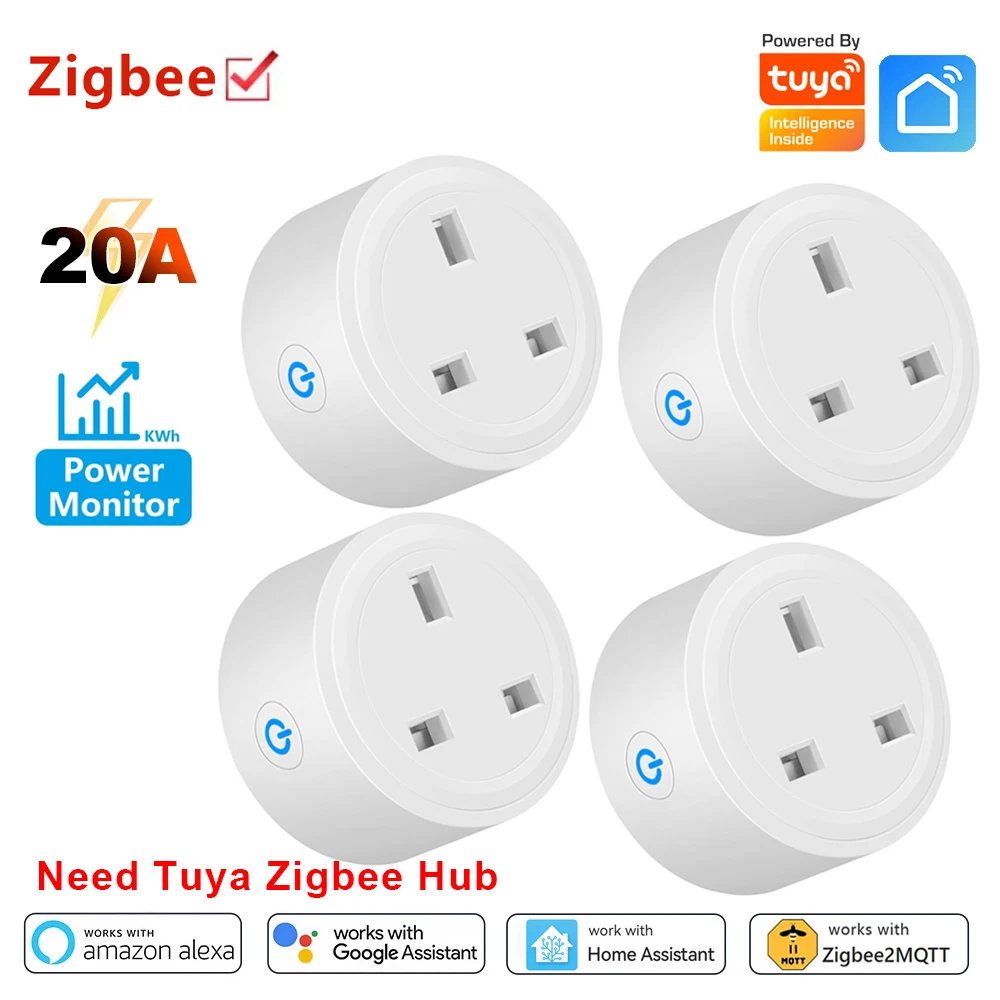 

Tuya ZigBee Plug UK Smart Socket 20A Power Monitor Home Outlet 3 Pin Adapter Timing Voice Control Works with Google Home Alexa