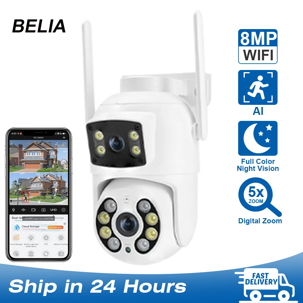 

4K 8MP Dual Lens Dual Screens PTZ Wifi Camera with AI Human Detection Wireless Outdoor CCTV Security IP Camera Ziicam