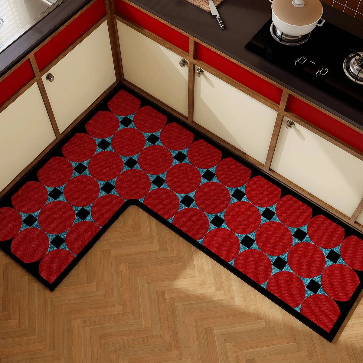 L-shaped Checkerboard Plaid Kitchen Floor Mats Anti-slip Rug Home Decoration Carpet PVC Oil-proof Waterproof Mat Alfombra Cocina