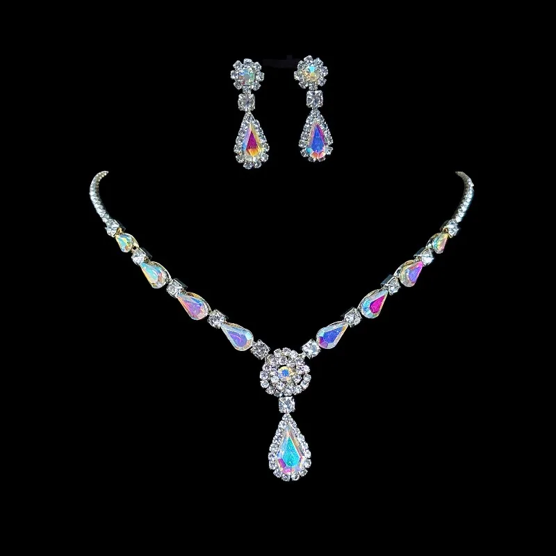 

Water droplet necklace earring set, women's flower AB color collarbone chain, personalized fashion accessory, holiday gift