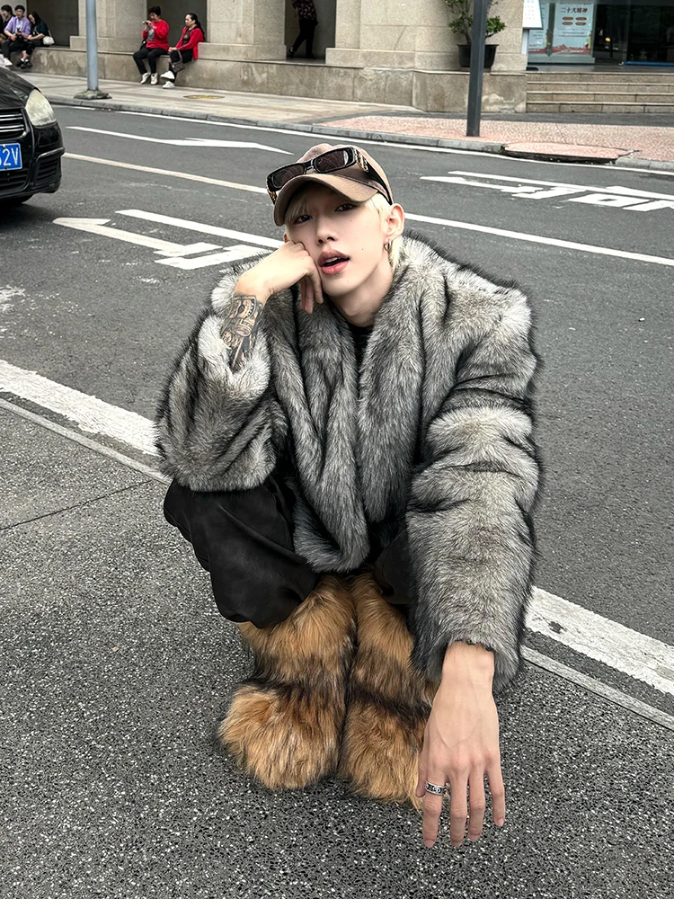 Fashion Retro Mink Eco-friendly Fur Jacket Trendy High Street Cotton Tops Men's 2024 Winter Long-sleeve Cotton-padded Clothes