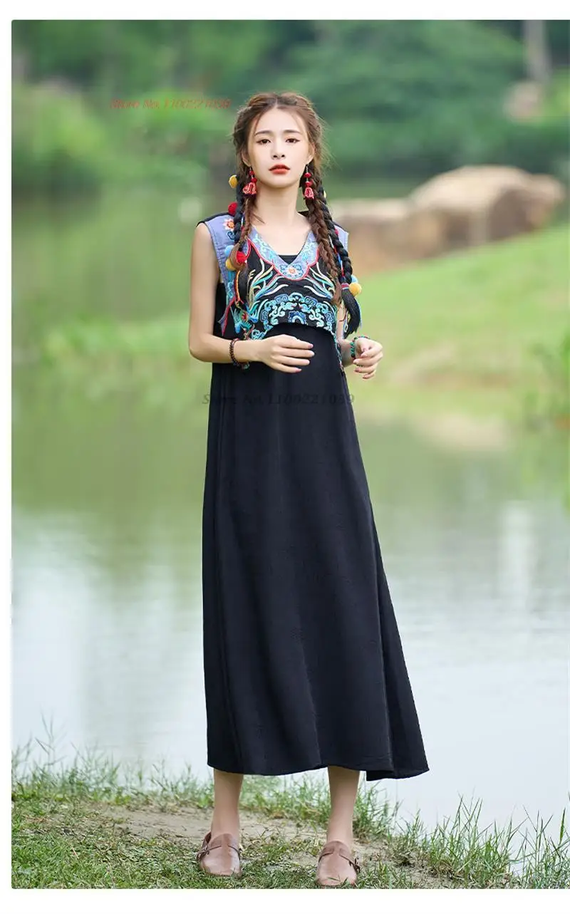 2024 traditional hanfu patchwork dress chinese national flower embroidery cotton linen sleeveless dress ethnic a-line sundress