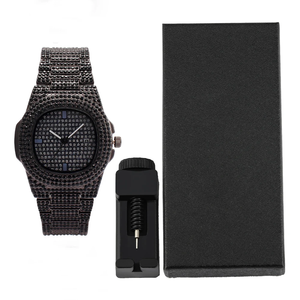 1pc Men Women Quartz Watch Iced Out Hip-hop Punk Full Diamonds Wrist Watch Bundled Size Adjuster Stylish Party Jewelry Gift Box