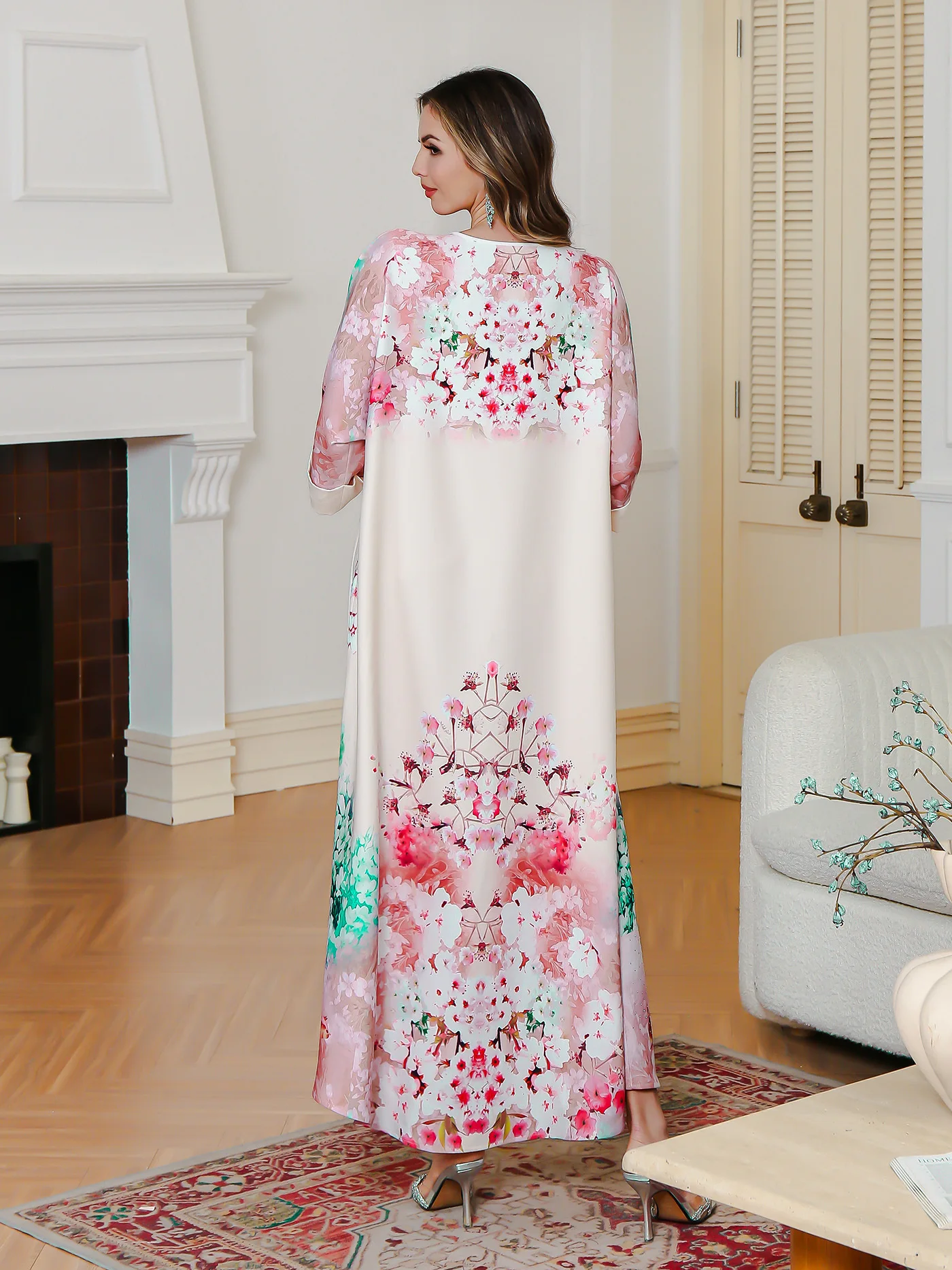 Verão novo vestido muçulmano impresso festa médio oriente vestido longo abaya strass impresso robe