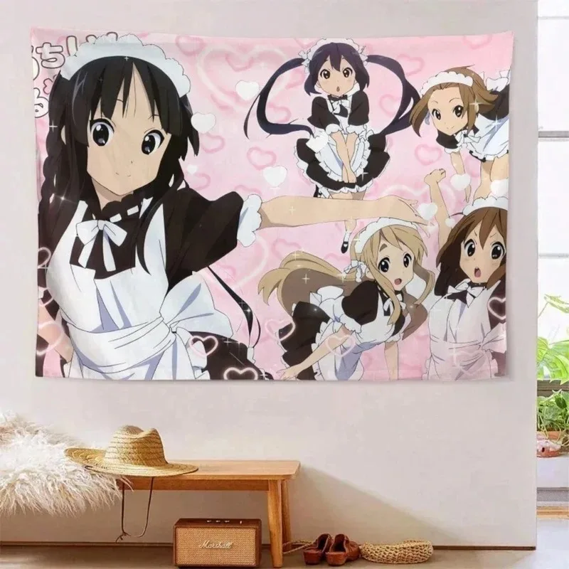 K-On! Five Girls Maid Uniform Group Wall Tapestry, Pink Heart Background Cute Manga Print Wall Hanging, Kawaii Light Music Club