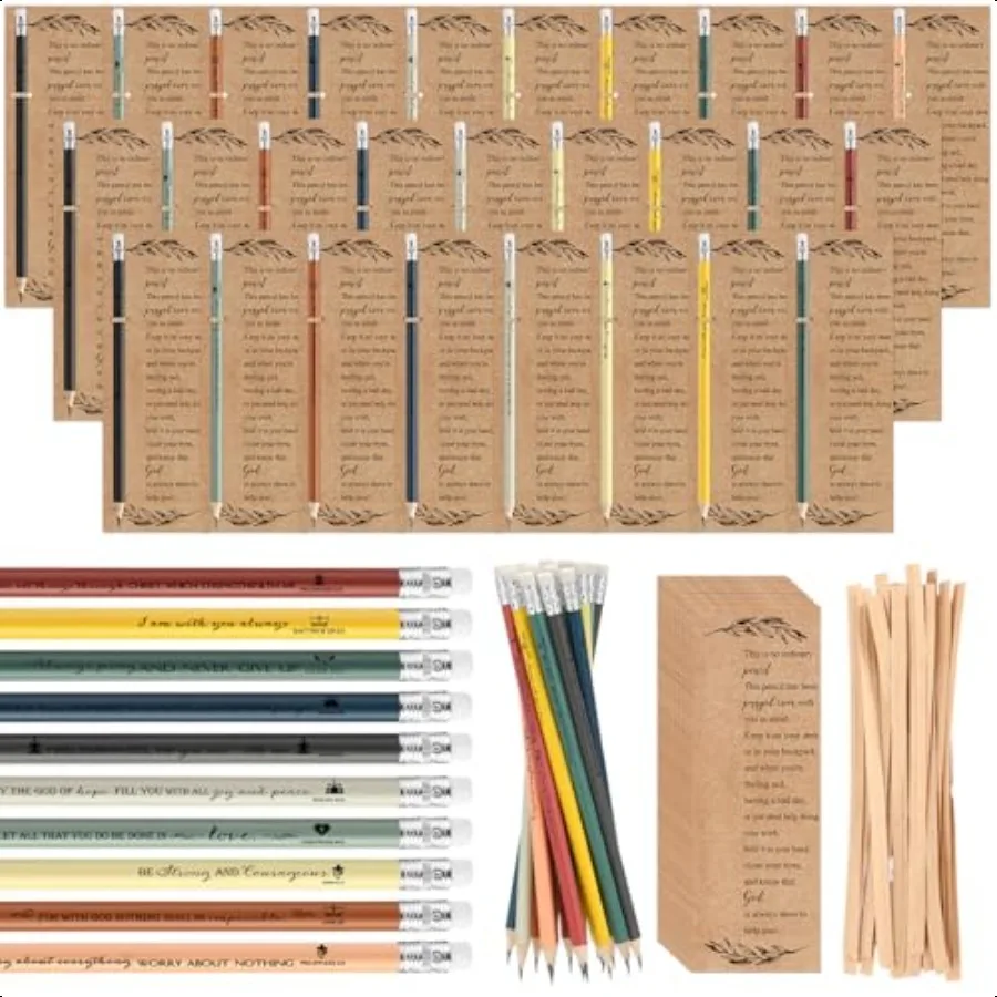 

50 Set Christian Church Gift Bible Verse Colored Pencils Bulk Religious Wood Pencils with Inspirational Bookmark Pray Sunday Sc