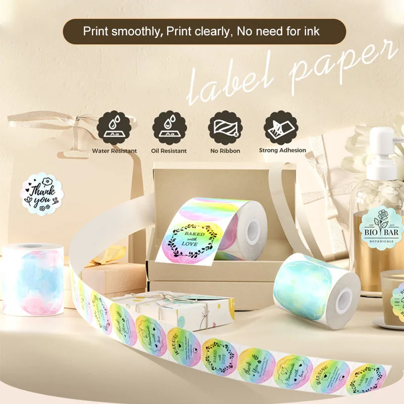 그라데이션 자가 접착 라벨 직접 열전사 원형 스티커 롤 꽃 모양 원형 인쇄 가능 라벨 용지 선물 카드 가정용 보관