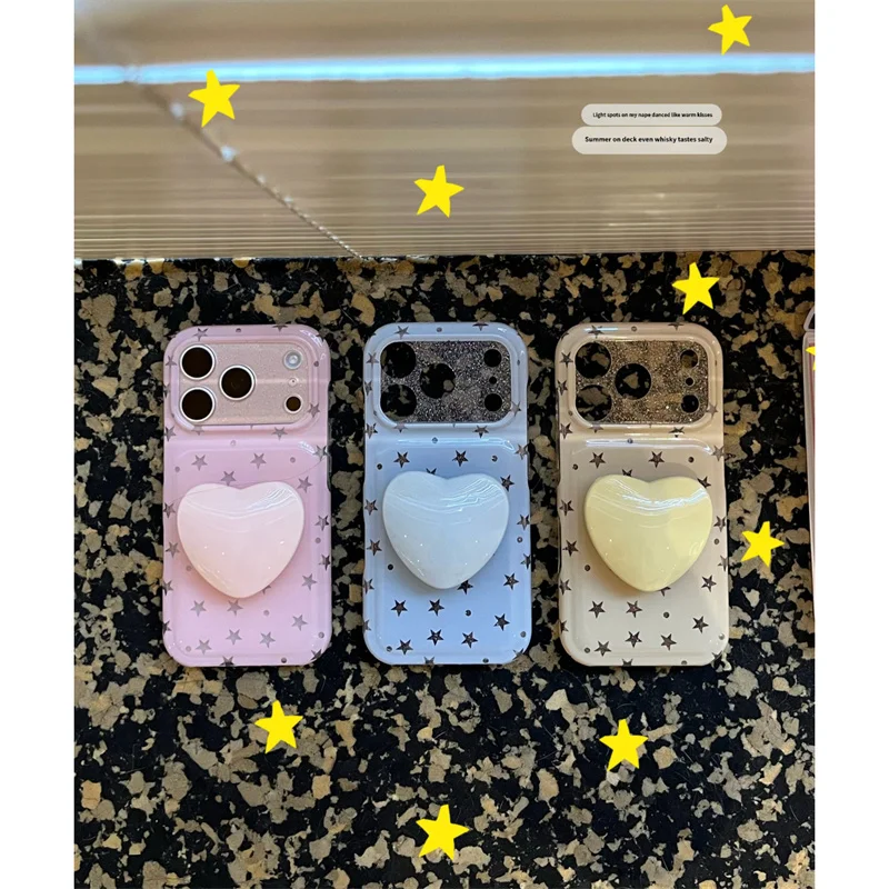 Pastel Star Print Phone Case For iPhone 15 16 17 ProMax Large Window With 3D Heart Kickstand 3 Colors Shockproof Soft Cover