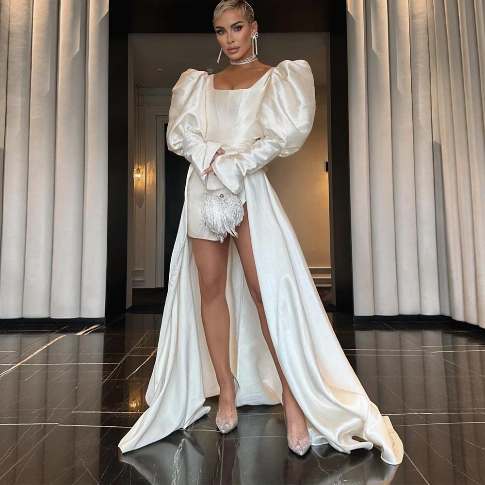 Simple Modern Ivory Satin Thick Short Wedding Dresses Long Puff Sleeves Mini Sexy Bridal Gowns Customized White Robe de mariage