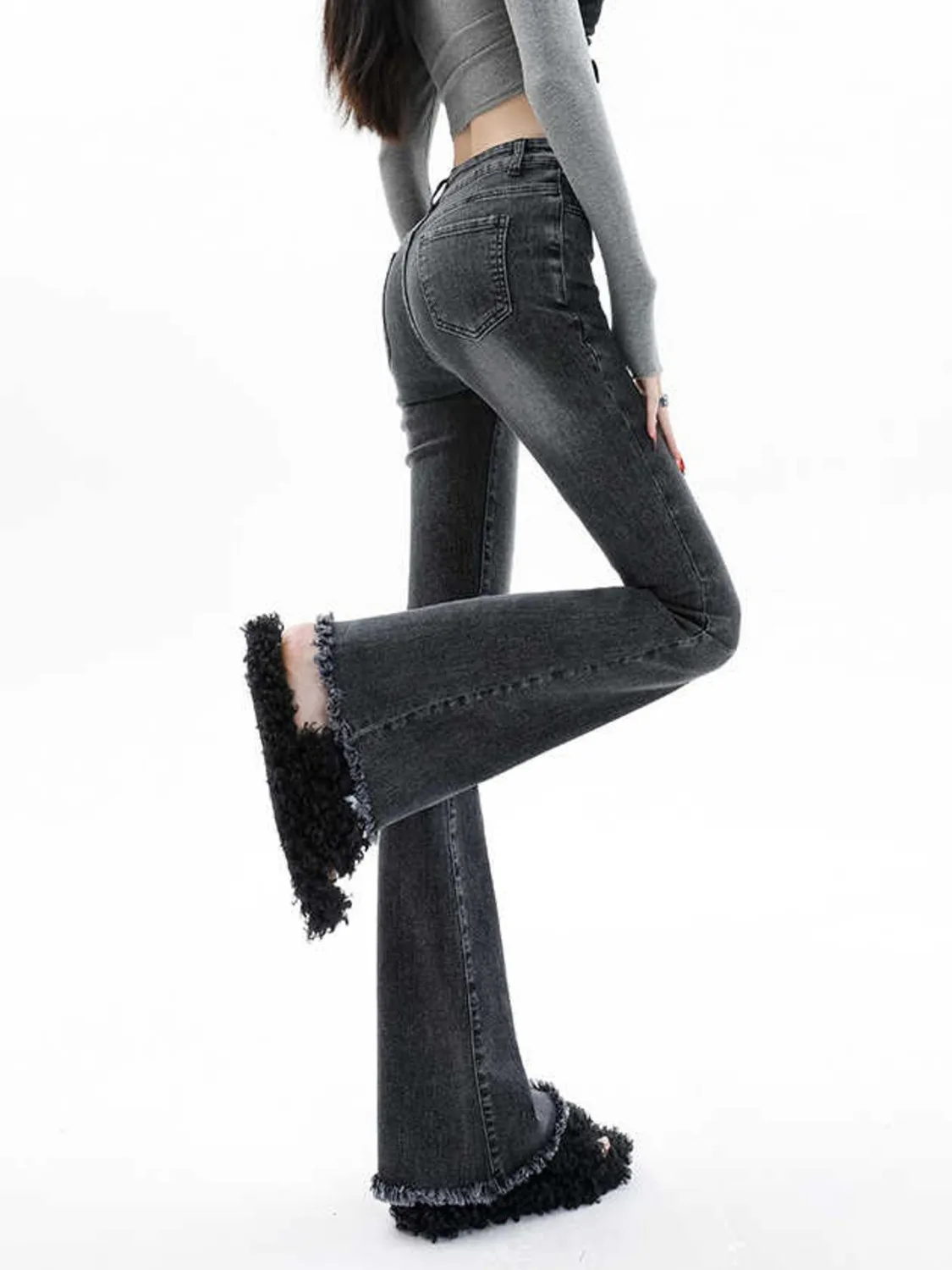 Women's High Waisted Flare Jeans Bell Bottom Denim Pants Y2K Retro Stretch Micro Flare Trousers with Double Button