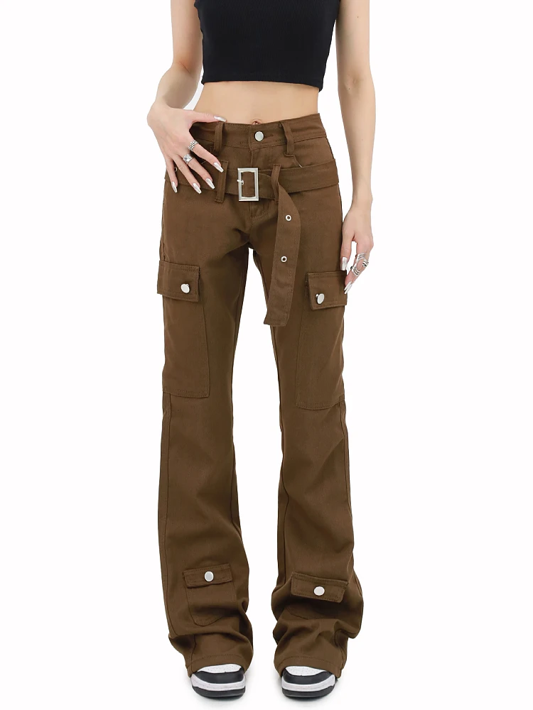 

Women's Brown Cargo Jeans Vintage 90s Y2k Streetwear Baggy Denim Trouser Korean 2000s High Waist Wide Leg Cowboy Pants Clothes
