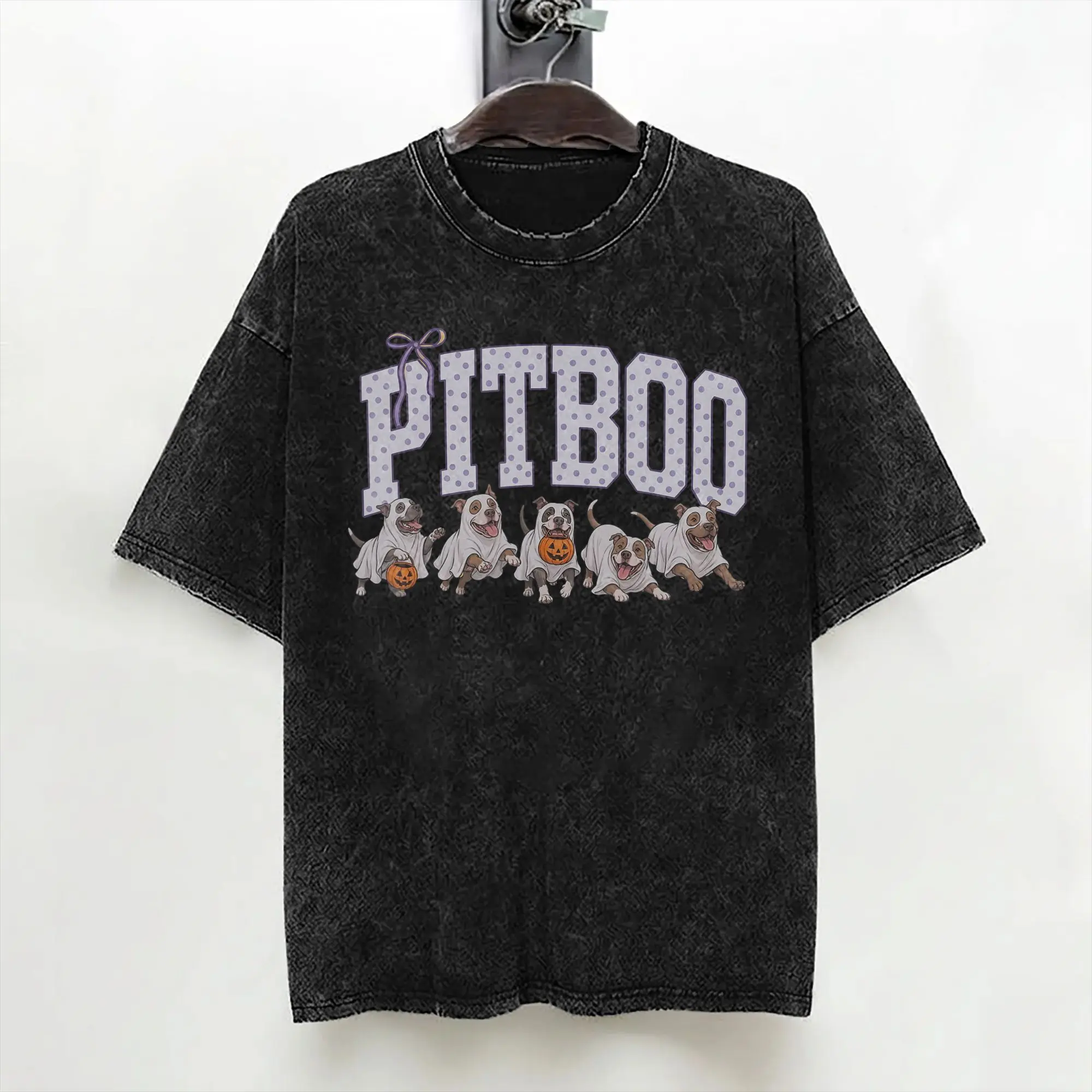 Cute Pitboo Ghost Pitbull Halloween Dog Washed T Shirt Streetwear Hip Hop T-Shirts  Tees Tops Men Women Short Sleeve Street
