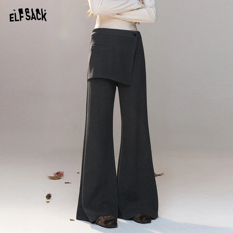 ELFSACK Women's Asymmetrical Wide Leg Pants with Overlay Design, Casual High Waist Bottoms for Work, Chic Everyday Long Trousers