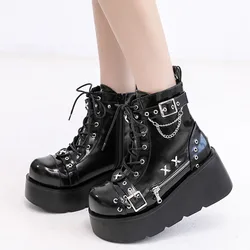 Brand New Ladies Goth Platform Ankle Boots Fashion Buckle Zip Rivet Punk Wedges High Heels Womens Boots Party Street Woman Shoes