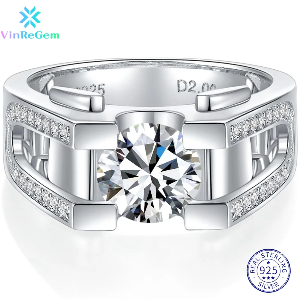 

Vinregem Genuine 925 Sterling Silver Round 2CT VVS1 Pass Test Diamonds D Color Moissanite Rings for Women Men Gift Drop Shipping