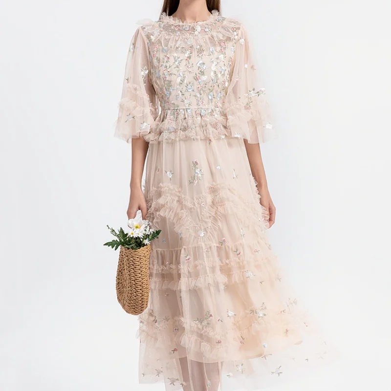 

Summer New Half Sleeved Embroidered Flowers Round Neck Mesh Ruffles Patchwork Elegant Maxi Dress High Waist Women's Vestidos