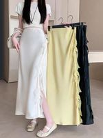 Elegant Lace Trim Satin Pencil Skirt Summer High Waist A-Line Slit Asymmetrical Wrap Skirt for Women Bodycon Office Midi Skirt