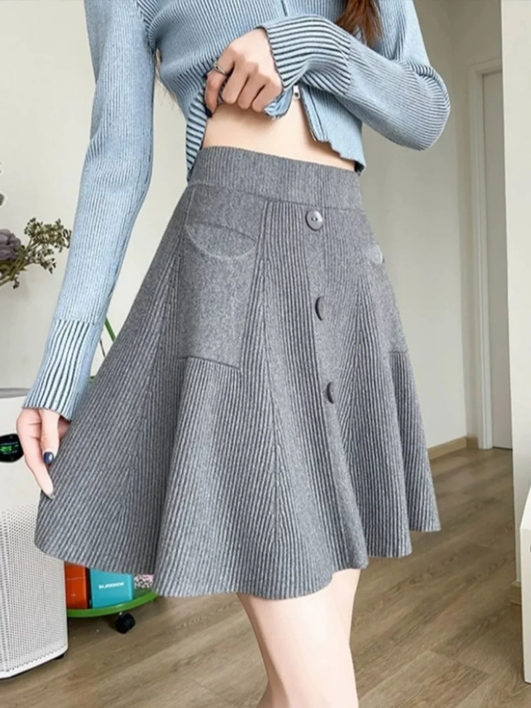 plus Size Knitted Casual High Waist A-Line  Skirt for Heavy Girls Autumn Winter Anti-Aging Teenage Short Skirt