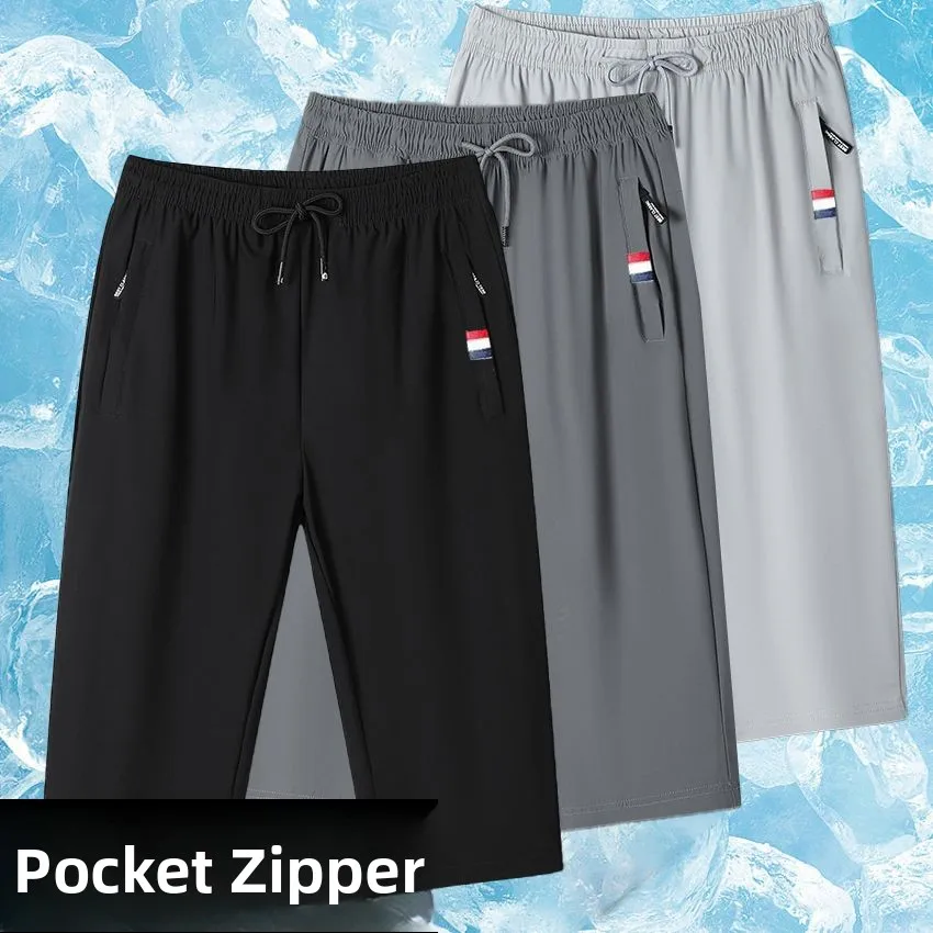 

Летние тонкие свободные повседневные мужские спортивные брюки из ледяного шелка для бега, прямые брюки для бега Qui Dry длиной семь четвертей