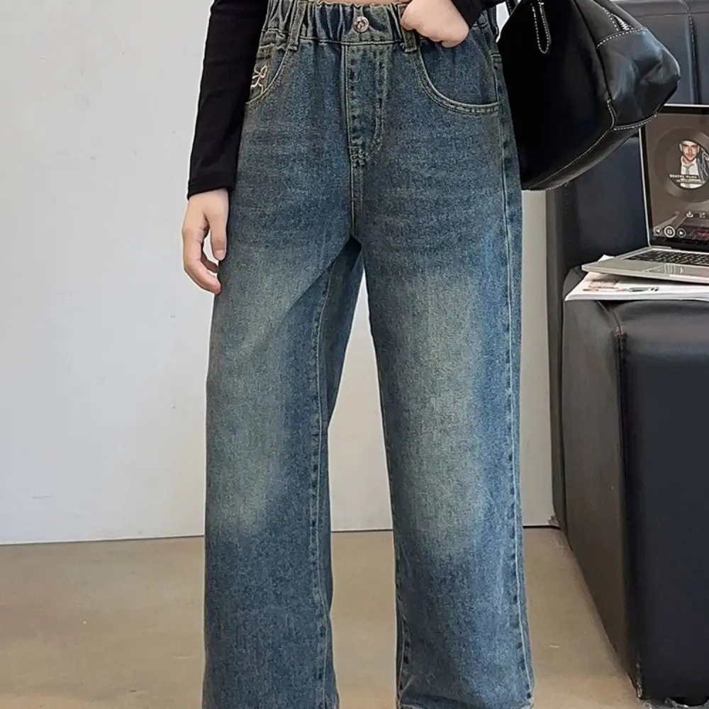 Ins – jean à nœud papillon pour enfants, ample, taille haute, Y2K, jambes larges, pantalon de Cowboy, en Denim, cadeau pour petites filles