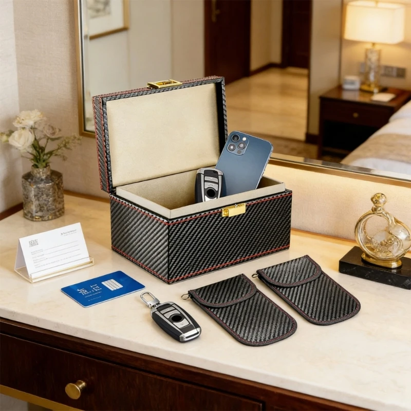 Premium Leather Textured Box And Two Blocking Pouches For Securing Keyless Entry Vehicle Access Devices