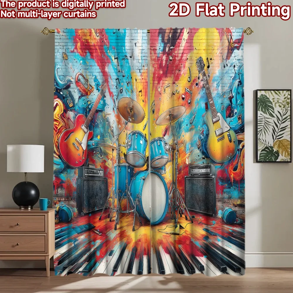2D flat printing 2pcs Curtains Electric Guitars Drum Set Digital Printed Polyester Drapes Festive Holiday for New Year