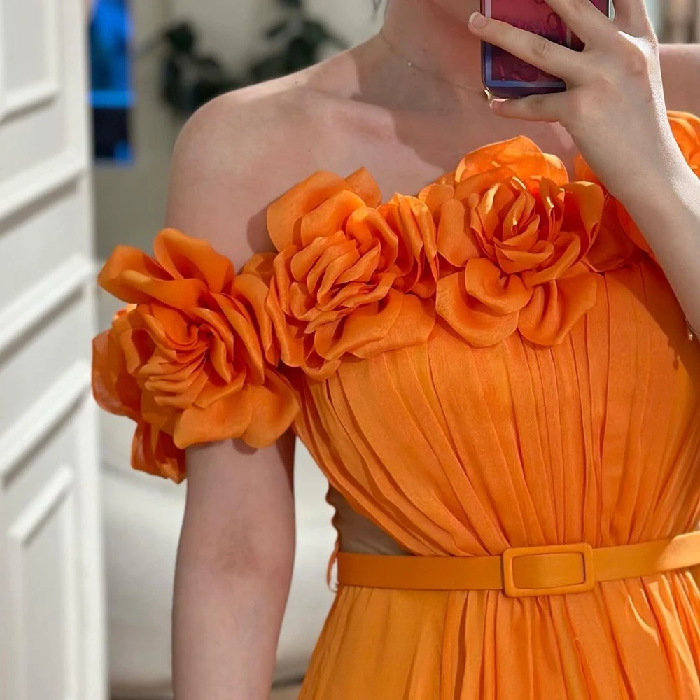 Off the Shoulder Orange Draped Evening Dresses Sleeveless Floor Length Sweep Train 3D Flowers Gowns for Special Event Women 2024