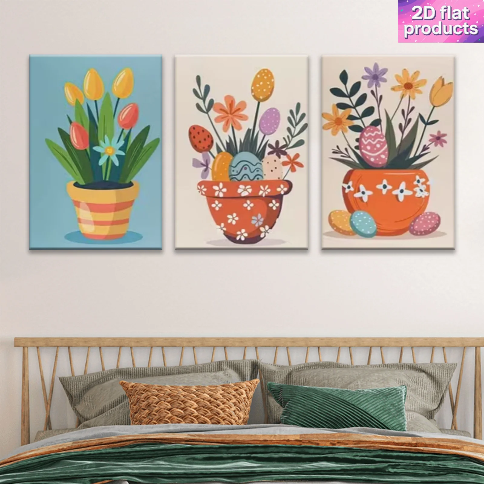 2D Flat, 3pcs/set Colorful Modern & Easter Egg Canvas Wall - Wrapped Framed Flower Pot Paintings Suitable for Home Decor,,, O