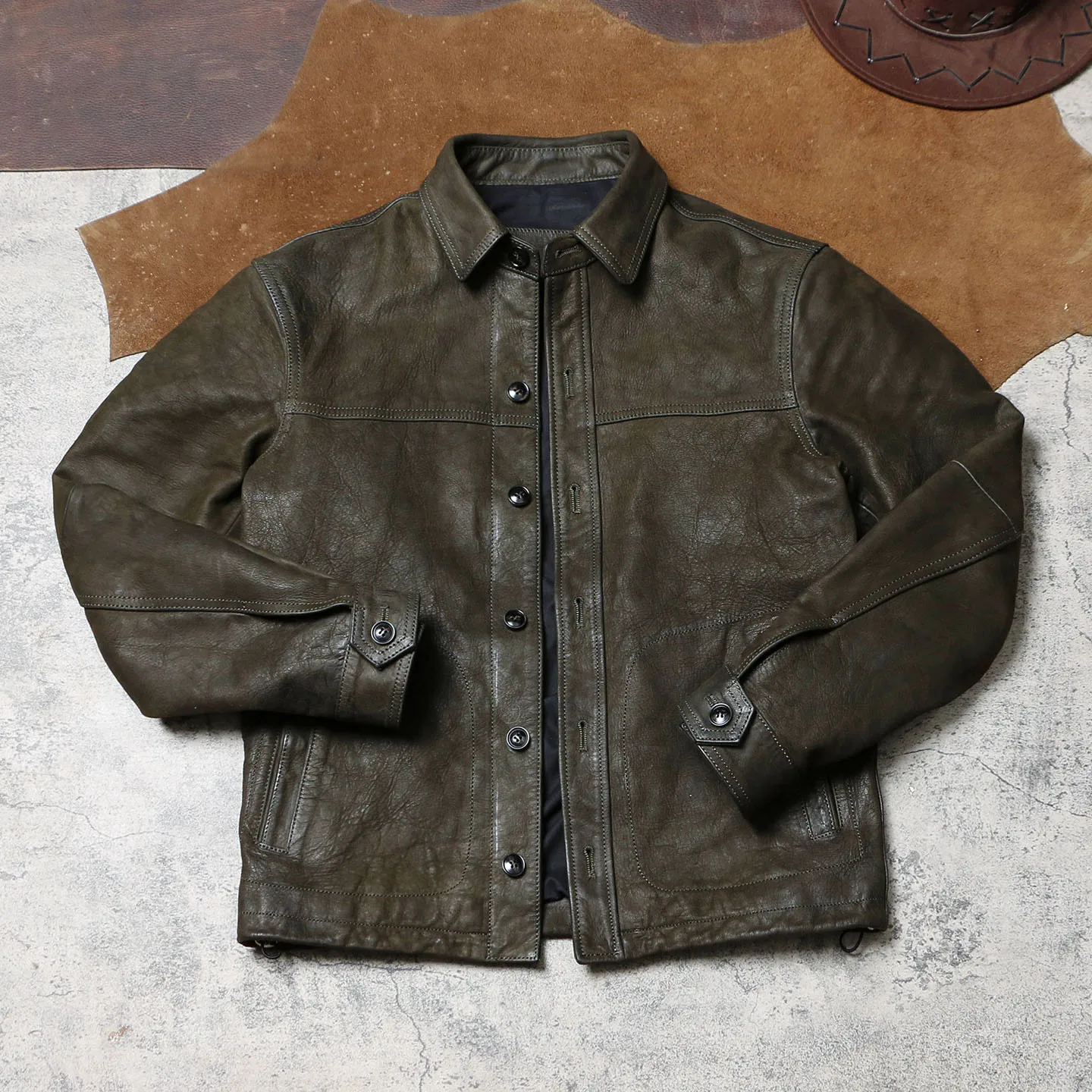 الأخضر الداكن الخريف الجلود قميص الرجال الرجعية خمر نمط حجم كبير 4XL حقيقية جلد الغنم الطبيعي واحدة الصدر معطف جلد