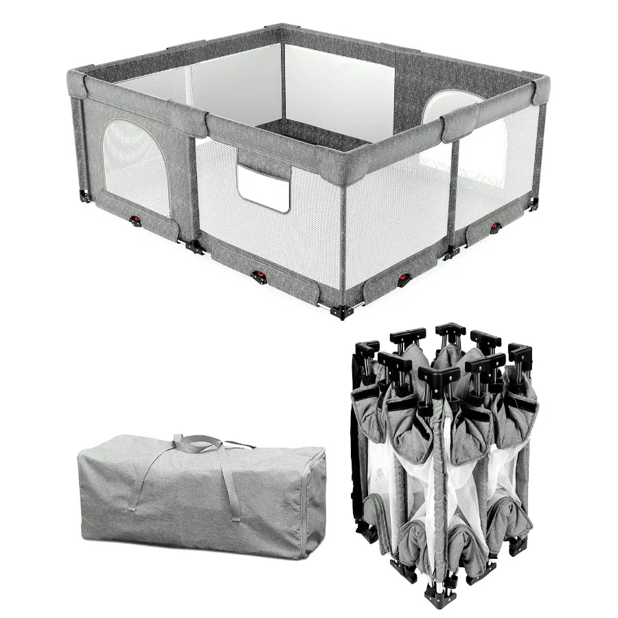 

Складной детский манеж с неразъемным ковриком, складной для младенцев и малышей, очень большой складной манеж с воротами (59"×71")