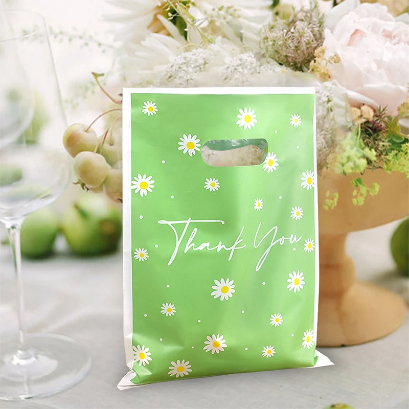 50/10pcs Daisy Flower Thank You Gift Bags Plastic Candy Cookie Packaging Bag Wedding Birthday Party Decor Supplies Baby Shower