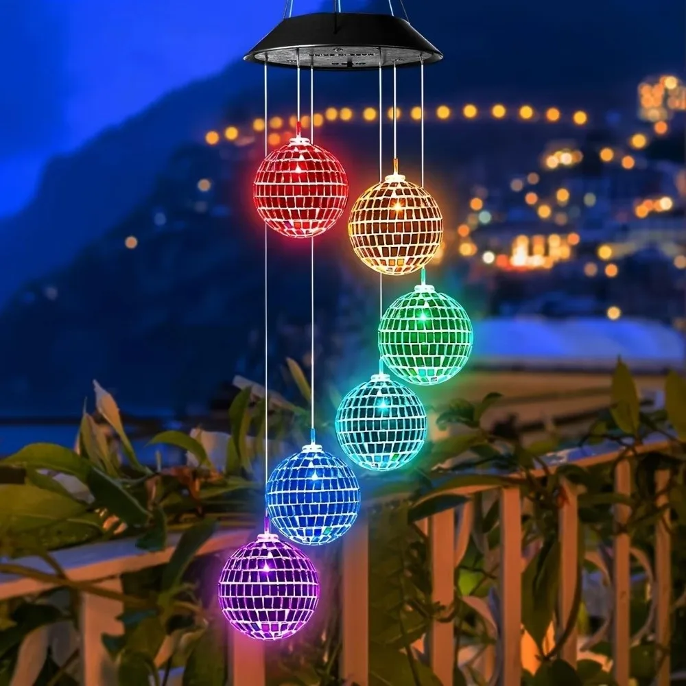 Waterproof Solar Wind Chime Light Solar Powered Plastic Mosaic Ball Wind Chime Silver Colorful Reflective Hanging Solar Light